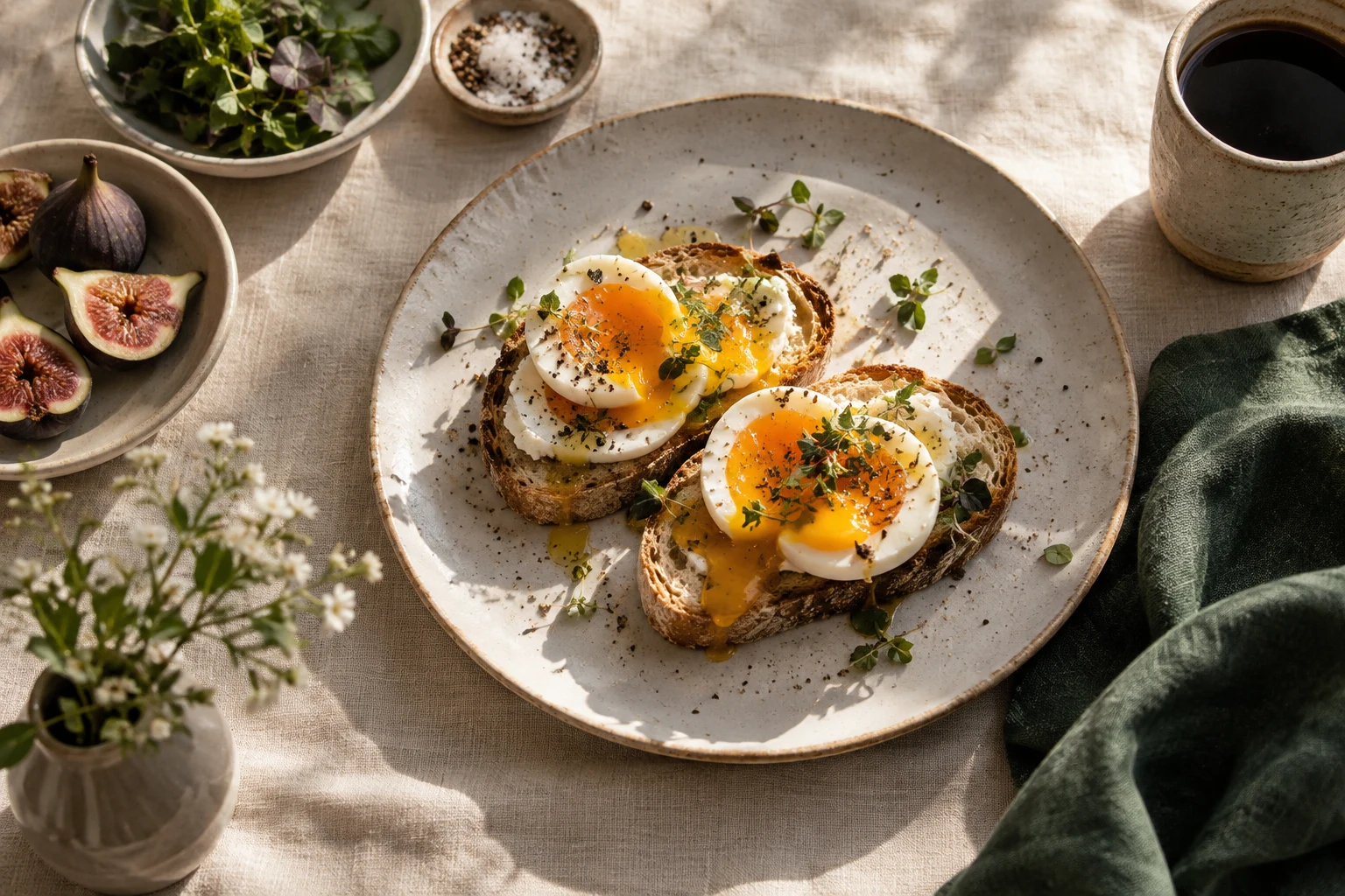 Jammy eggs on sourdough with herbs, ceramic dishes and morning light
