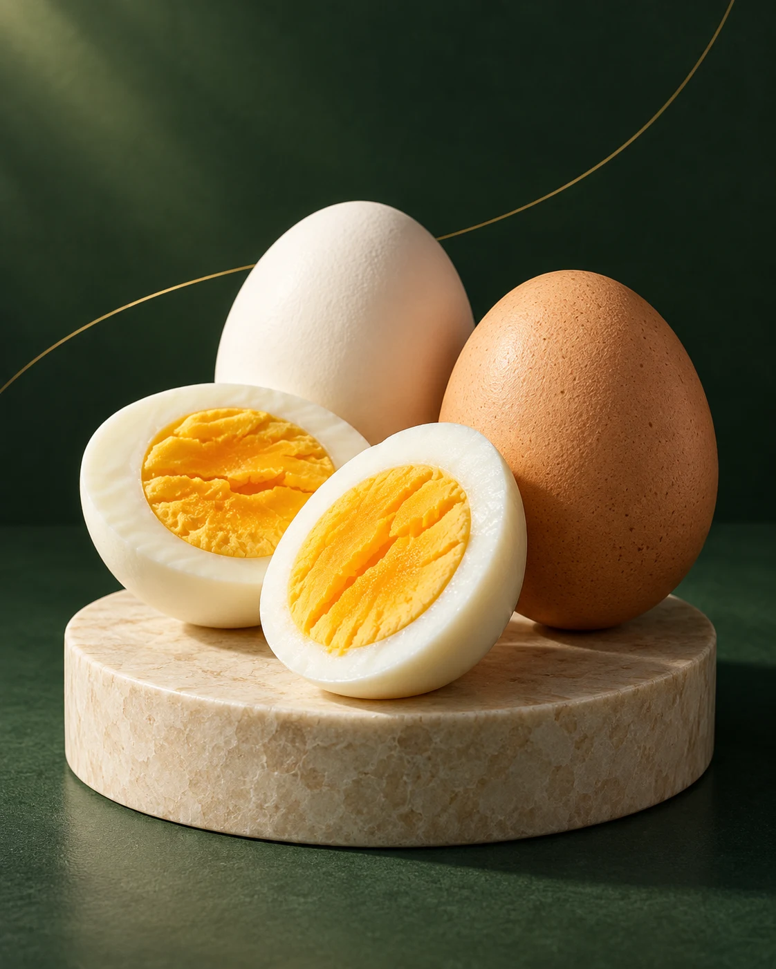 White and brown eggs with golden-yolk hard-boiled egg halves on an ivory plinth