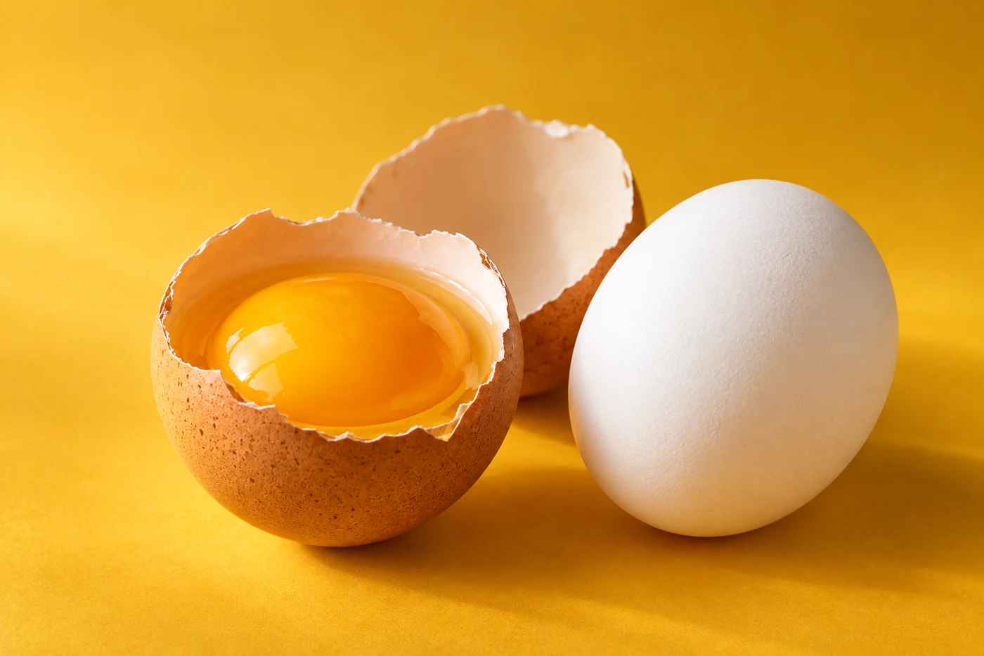 White egg beside a cracked brown egg with a golden yolk